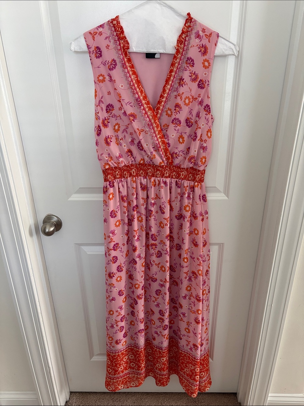 Maison Tara Pink Floral Maxi Dress with Orange Trim